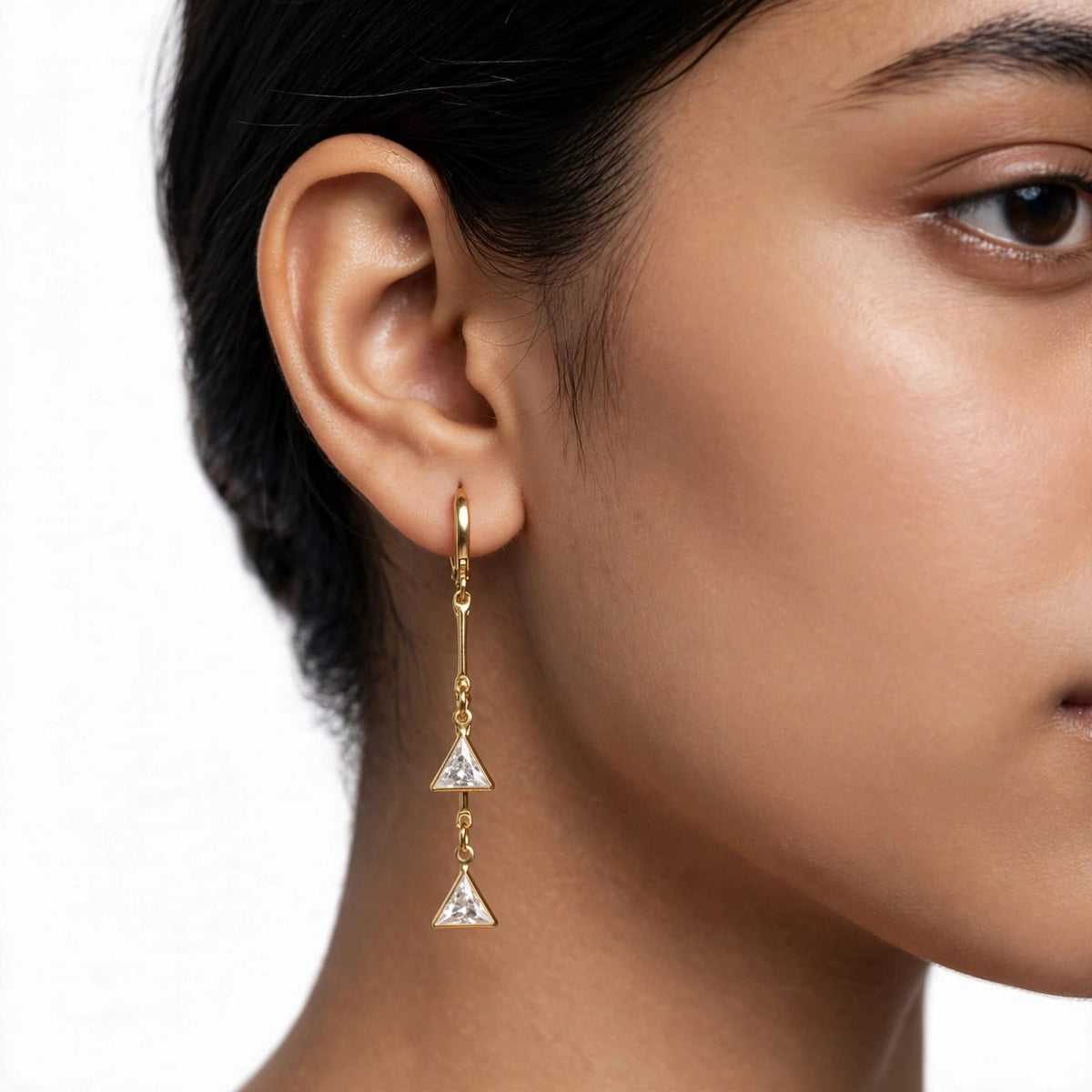 Diamond Triangle Double Drop Earrings - 22K Gold Plated Triangle Dangler | With 1 Year Guarantee MA STORE Triangle Diamond Earrings - White Stone Double Dangler Earrings - 22K Gold Plated