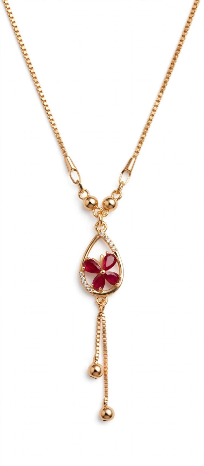 Red Flower Teardrop Pendant Necklace - 22K Gold Plated Box Chain with Ball Drops | With 1 Year Guarantee MA STORE Red Flower Necklace - Teardrop Pendant Chain - 22K Gold Plated Daily Wear