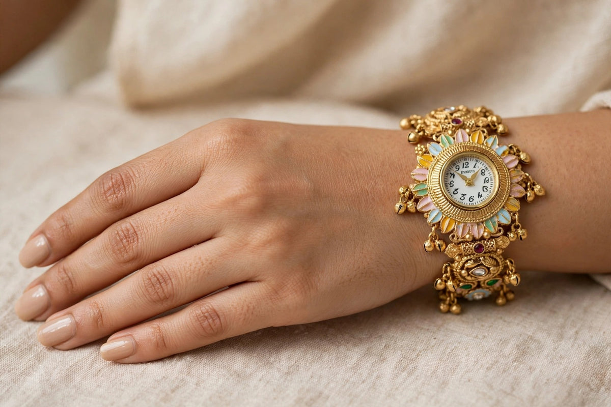 Rajwadi Bajuband Watch - 22K Gold Plated Antique Bajubandh / Armlet with Watch | Meena Work Bridal Bajuband | With 1 Year Guarantee