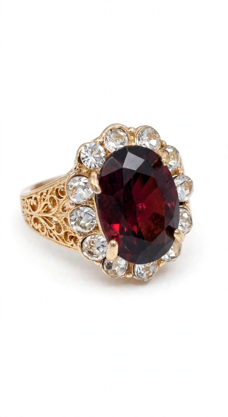 Wine Red Stone Ring - 22K Gold Plated Oval Cocktail Ring with White Halo & Jali Work | With 1 Year Guarantee MA STORE Red Stone Ring - Garnet Wine Ring - 22K Gold Plated Maharani Cocktail Ring
