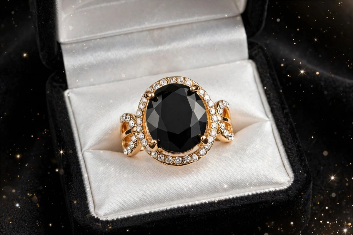 Black Onyx Oval Ring - 22K Gold Plated Adjustable Cocktail Ring with White Halo | With 1 Year Guarantee MA STORE Black Stone Ring - Oval Cocktail Ring for Women - 22K Gold Plated Adjustable