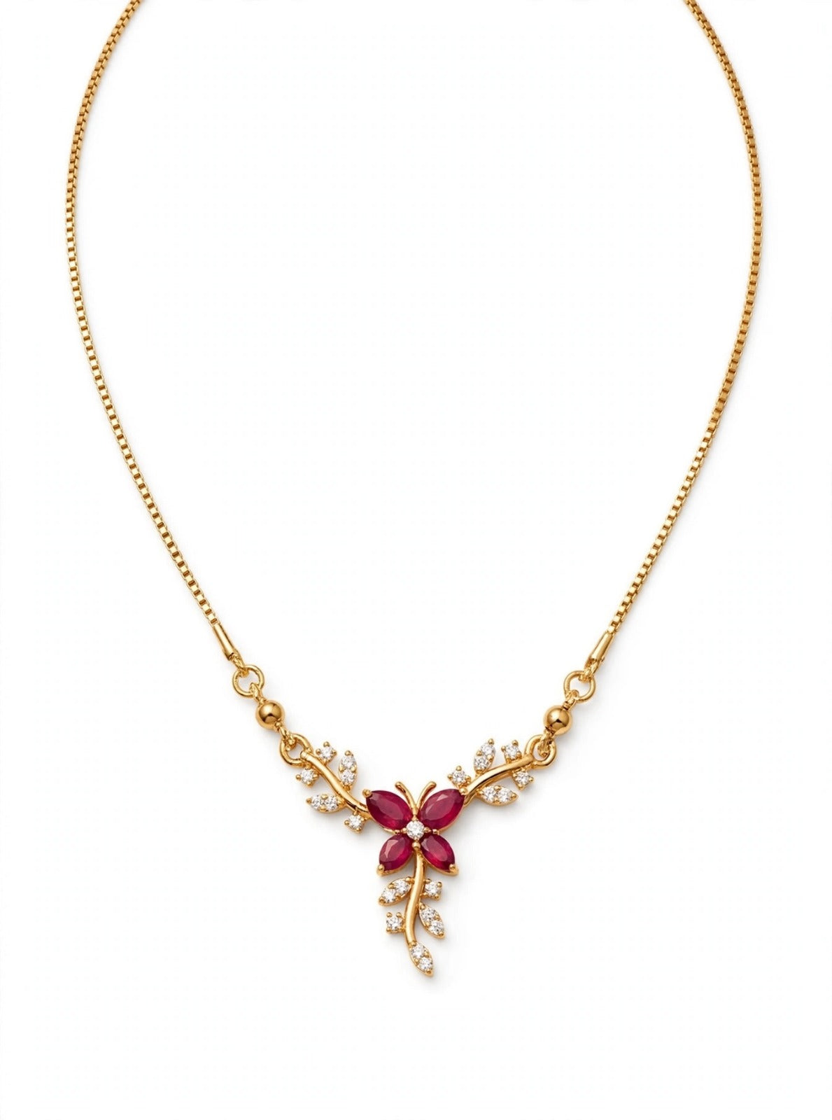 Ruby Flower Leaf Necklace - 22K Gold Plated V-Necklace for Women | With 1 Year Guarantee