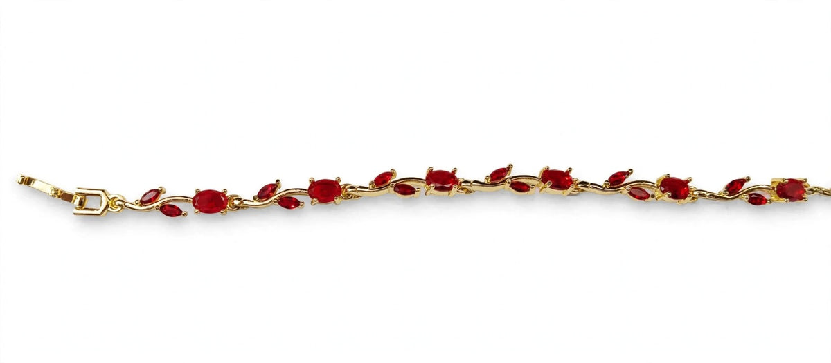Ruby Red Crystal Vine Bracelet - 22K Gold Plated Floral Bracelet | 1 Year Guarantee. MA STORE Red Stone Leaf Bracelet for Women - Ruby Floral Vine Bracelet 22K Gold Plated