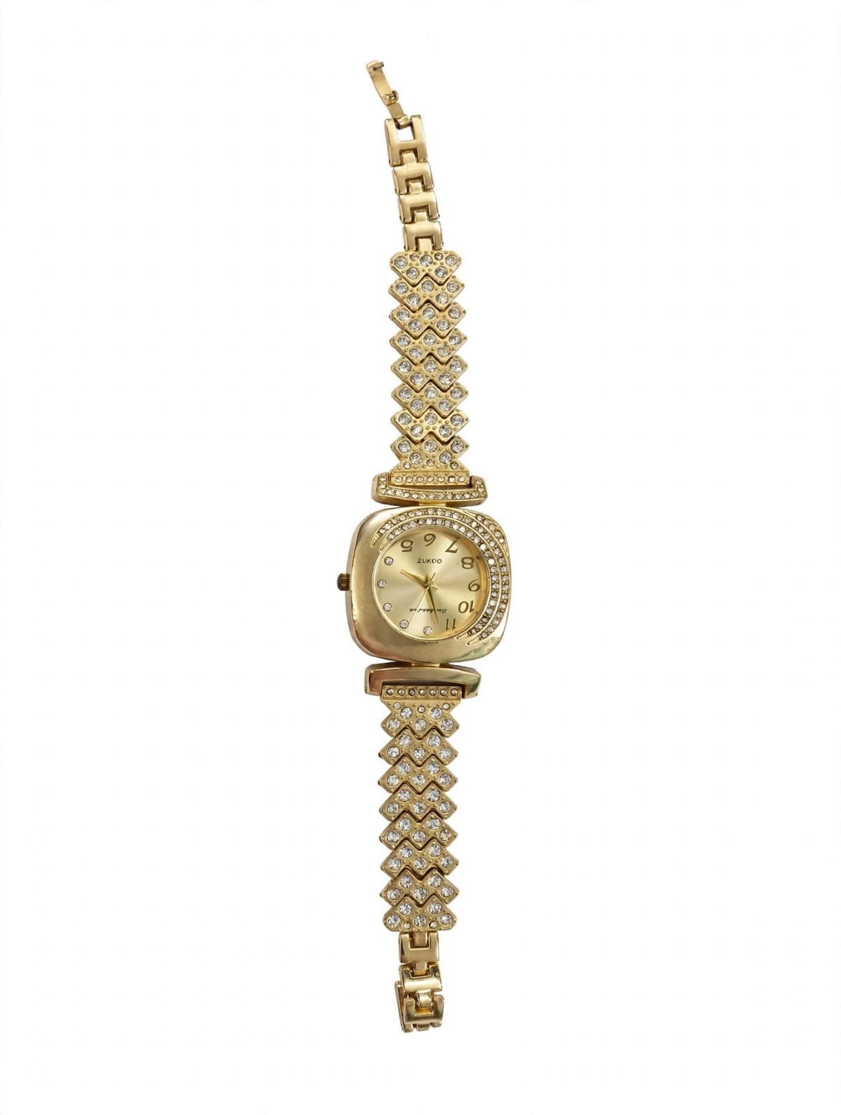 Gold Full Diamond Chain Watch for Women - Square Cushion Dial Bracelet Watch with AD Studded Chain | Party Wear Quartz Watch | With 1 Year Guarantee