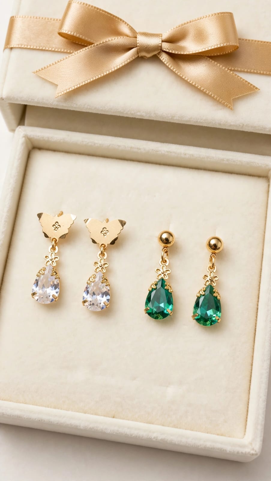 Combo of 2 - Clear White & Teal Green Teardrop Earrings - 22K Gold Plated Dangler Earrings - Butterfly Top Daily Wear Earrings