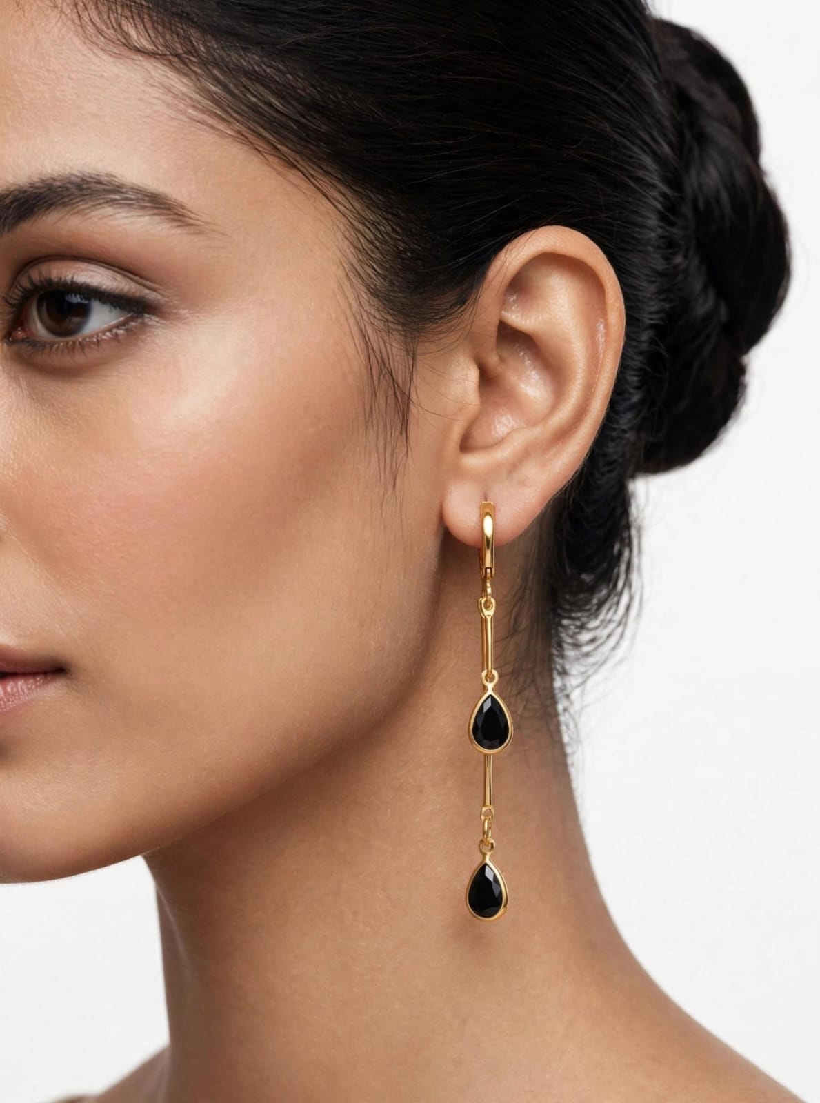 Midnight Black Double Drop Earrings - 22K Gold Plated Korean Dangler Earrings | With 1 Year Guarantee MA STORE Black Stone Drop Earrings - Long Chain Dangler Earrings for Women - 22K Gold Plated