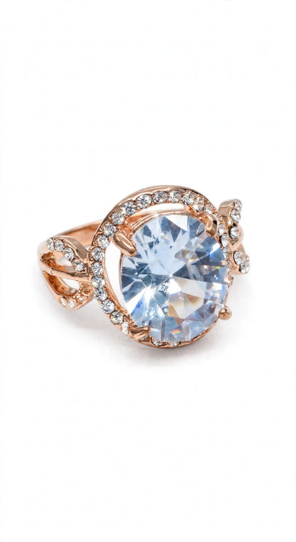 Round Diamond Halo Ring - Rose Gold Plated Adjustable Cocktail Ring with Big Stone | With 1 Year Guarantee MA STORE Diamond Ring - Rose Gold Ring - Adjustable Cocktail Ring for Women