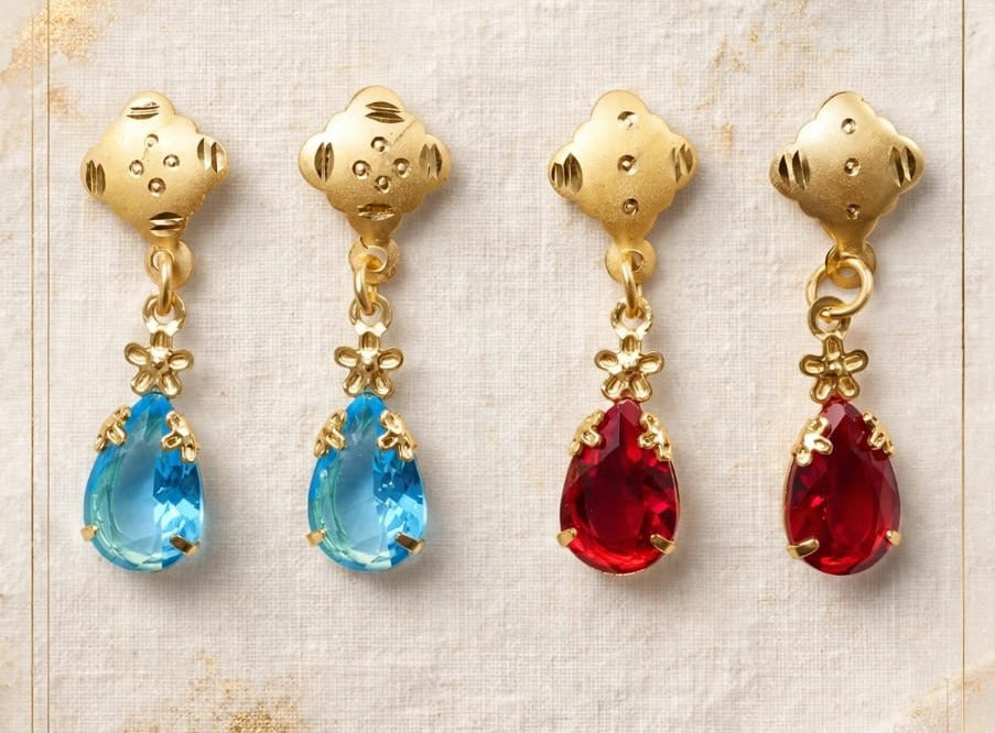 Combo of 2 - Aqua Blue & Ruby Red Teardrop Earrings - 22K Gold Plated Dangler Earrings - Small Drop Earrings for Girls