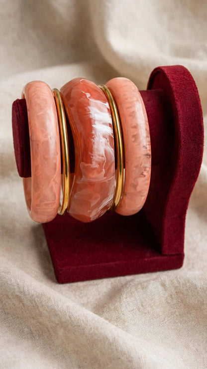Peach Blush Acrylic Bangle Stack - Set of 5 Bangles | Pink Marble Resin Bangles | 22K Gold Plated With 1 Year Guarantee MA STORE Peach Pink Acrylic Bangle Set - Set of 5 - Blush Marble Resin Chunky Bangles Price: