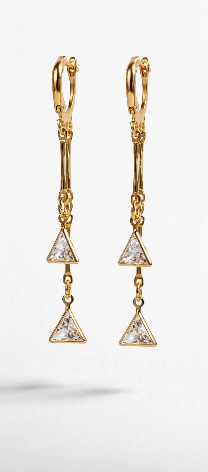 Diamond Triangle Double Drop Earrings - 22K Gold Plated Triangle Dangler | With 1 Year Guarantee MA STORE Triangle Diamond Earrings - White Stone Double Dangler Earrings - 22K Gold Plated