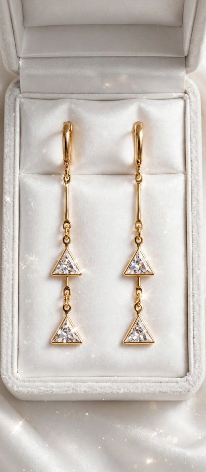 Diamond Triangle Double Drop Earrings - 22K Gold Plated Triangle Dangler | With 1 Year Guarantee MA STORE Triangle Diamond Earrings - White Stone Double Dangler Earrings - 22K Gold Plated