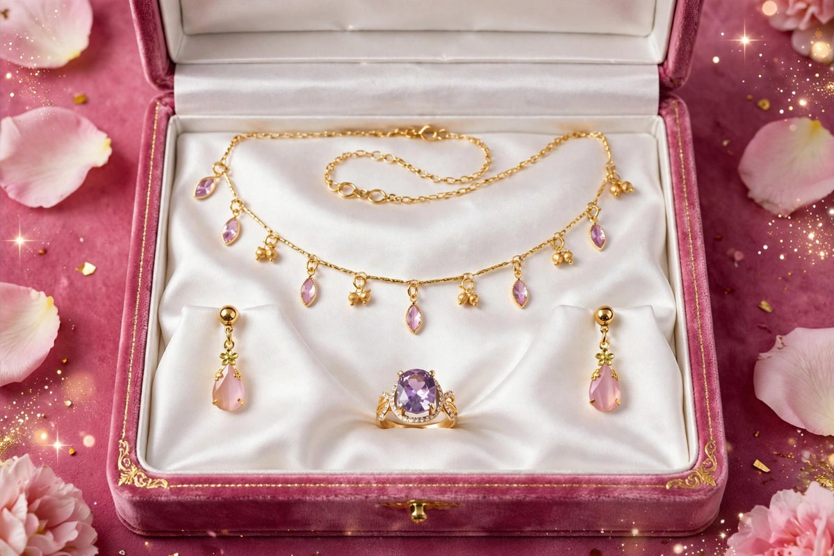 Pink Drop Necklace Combo Set - 22K Gold Plated Necklace with Earrings & Ring - 3 in 1 Jewelry Combo Set for Women | Party Wear