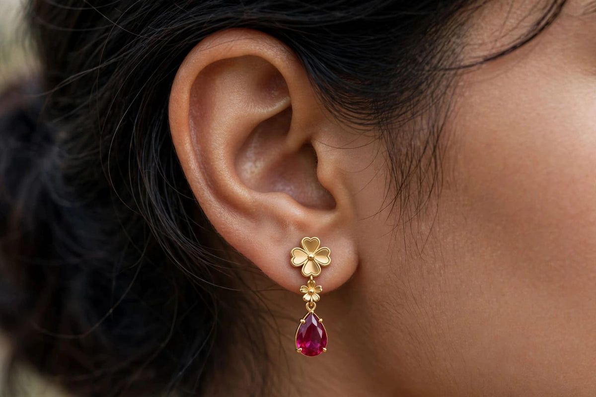 Combo of 2 - Aqua Blue & Ruby Red Teardrop Earrings - 22K Gold Plated Dangler Earrings - Small Drop Earrings for Girls