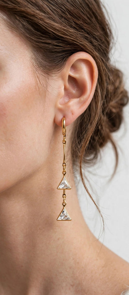 Diamond Triangle Double Drop Earrings - 22K Gold Plated Triangle Dangler | With 1 Year Guarantee MA STORE Triangle Diamond Earrings - White Stone Double Dangler Earrings - 22K Gold Plated