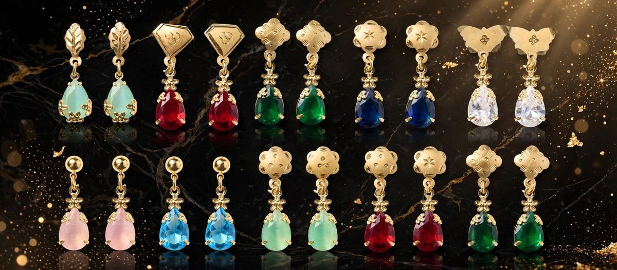 BUY 1 GET 1 FREE - Set of 10 Teardrop Earrings - 22K Gold Plated Small Drop Dangler Earrings Combo - Daily Wear Colorful Earrings for Women