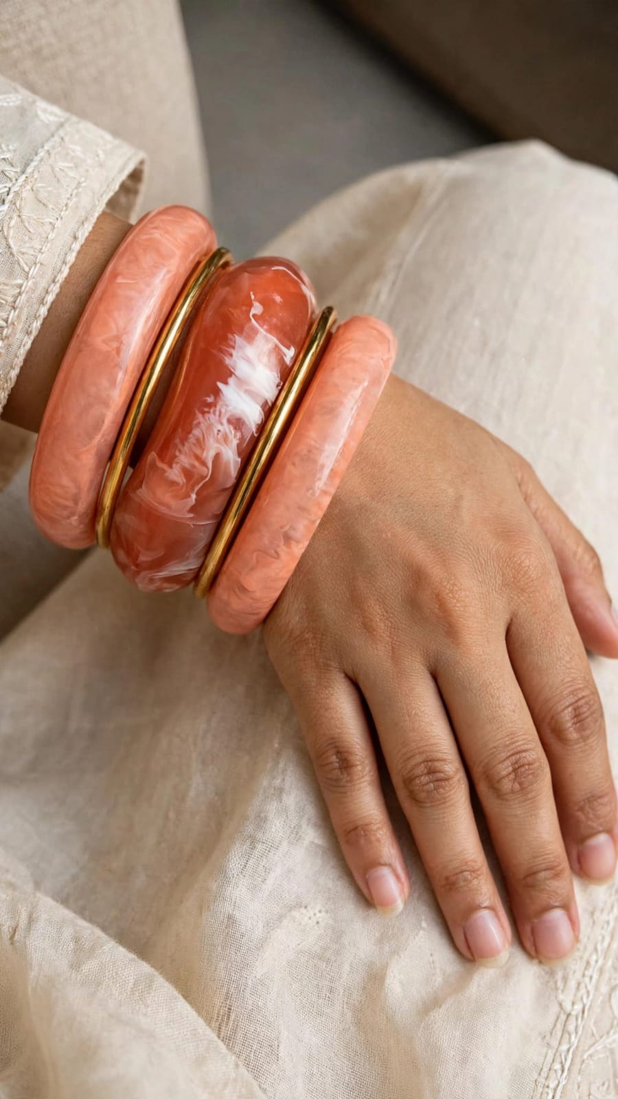 Peach Blush Acrylic Bangle Stack - Set of 5 Bangles | Pink Marble Resin Bangles | 22K Gold Plated With 1 Year Guarantee MA STORE Peach Pink Acrylic Bangle Set - Set of 5 - Blush Marble Resin Chunky Bangles Price: