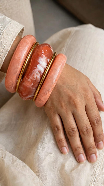Peach Blush Acrylic Bangle Stack - Set of 5 Bangles | Pink Marble Resin Bangles | 22K Gold Plated With 1 Year Guarantee MA STORE Peach Pink Acrylic Bangle Set - Set of 5 - Blush Marble Resin Chunky Bangles Price: