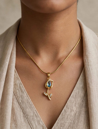Blue Tulip Rose Pendant Necklace - 22K Gold Plated Korean Chain with Blue Stone | With 1 Year Guarantee MA STORE Blue Tulip Necklace - Rose Pendant Chain - 22K Gold Plated Korean Necklace for Girls
