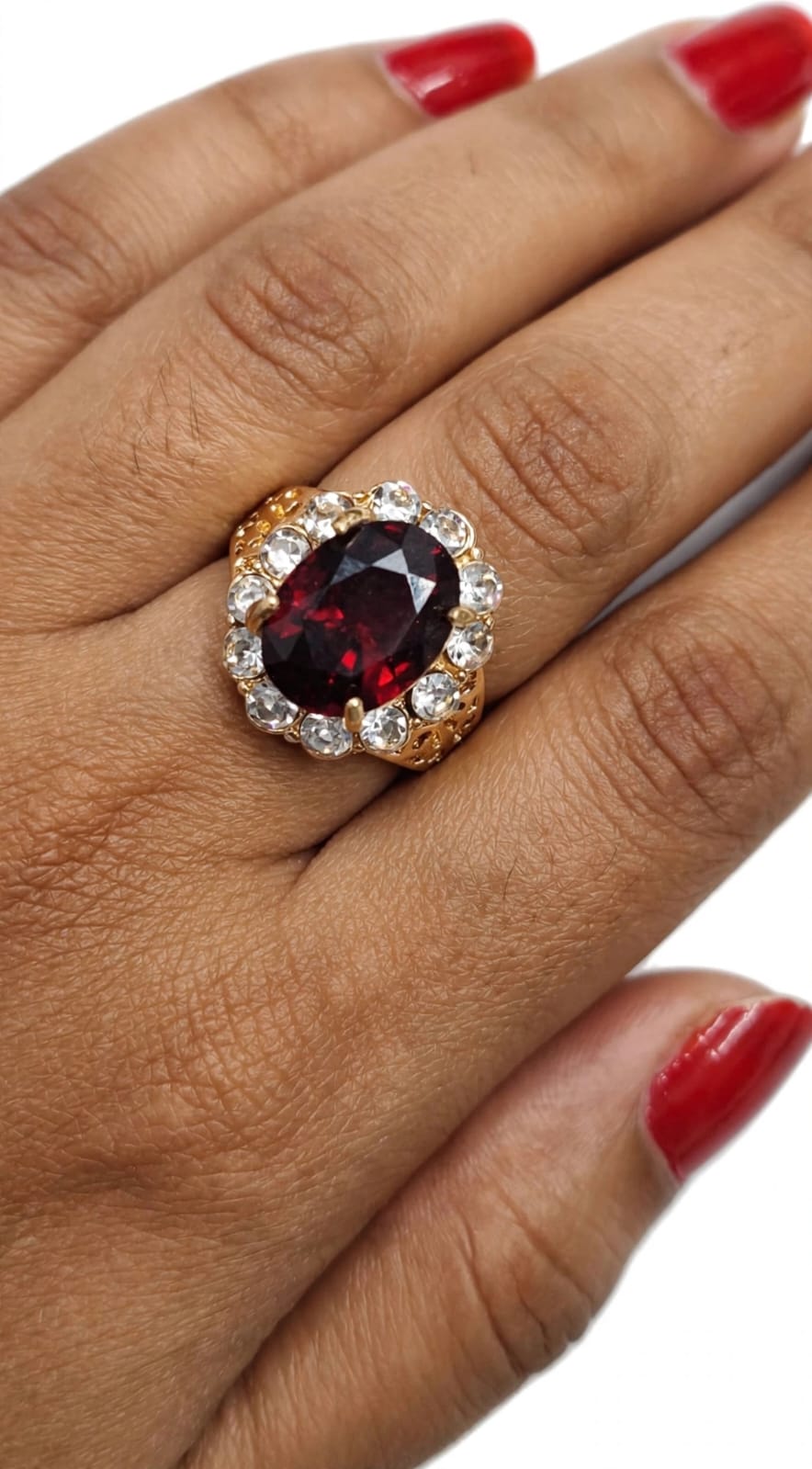 Wine Red Stone Ring - 22K Gold Plated Oval Cocktail Ring with White Halo & Jali Work | With 1 Year Guarantee MA STORE Red Stone Ring - Garnet Wine Ring - 22K Gold Plated Maharani Cocktail Ring