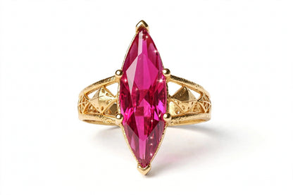 Rani Pink Marquise Ring - 22K Gold Plated Long Nav Shape Cocktail Ring with Jali Work | With 1 Year Guarantee
