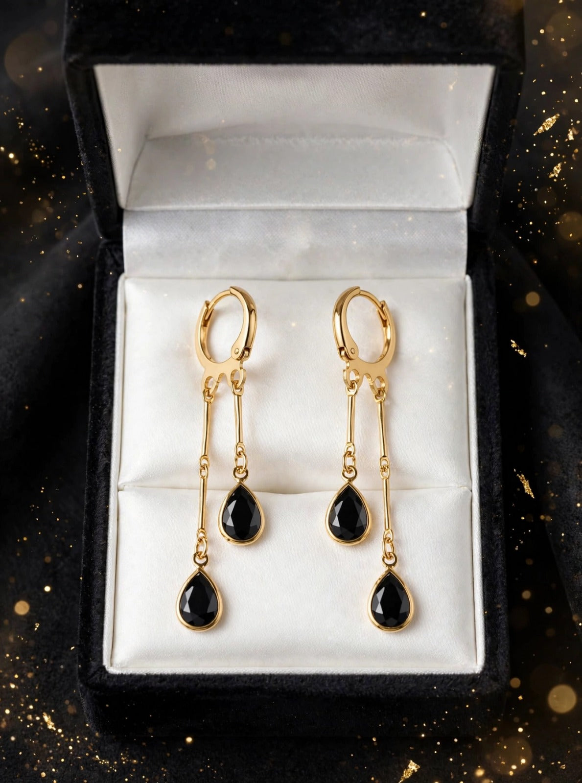 Midnight Black Double Drop Earrings - 22K Gold Plated Korean Dangler Earrings | With 1 Year Guarantee MA STORE Black Stone Drop Earrings - Long Chain Dangler Earrings for Women - 22K Gold Plated