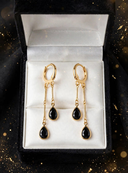 Midnight Black Double Drop Earrings - 22K Gold Plated Korean Dangler Earrings | With 1 Year Guarantee MA STORE Black Stone Drop Earrings - Long Chain Dangler Earrings for Women - 22K Gold Plated