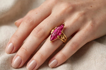 Rani Pink Marquise Ring - 22K Gold Plated Long Nav Shape Cocktail Ring with Jali Work | With 1 Year Guarantee