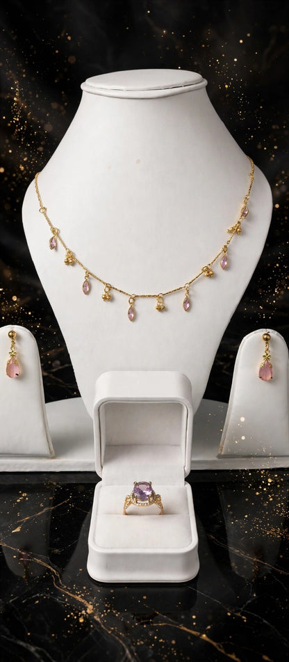 Pink Drop Necklace Combo Set - 22K Gold Plated Necklace with Earrings & Ring - 3 in 1 Jewelry Combo Set for Women | Party Wear