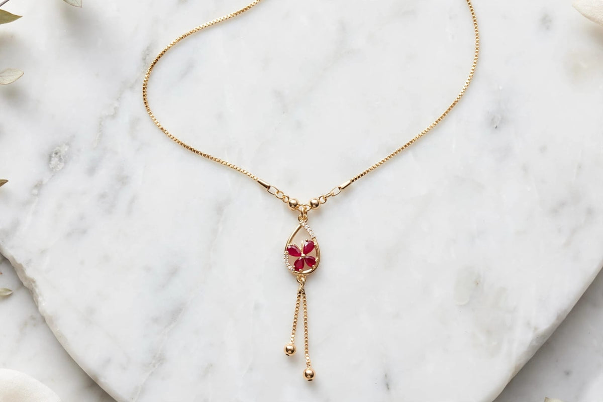 Red Flower Teardrop Pendant Necklace - 22K Gold Plated Box Chain with Ball Drops | With 1 Year Guarantee MA STORE Red Flower Necklace - Teardrop Pendant Chain - 22K Gold Plated Daily Wear