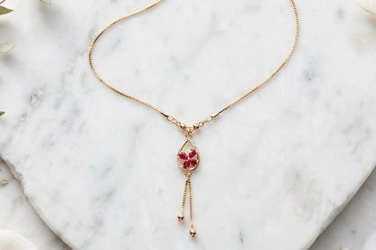 Red Flower Teardrop Pendant Necklace - 22K Gold Plated Box Chain with Ball Drops | With 1 Year Guarantee MA STORE Red Flower Necklace - Teardrop Pendant Chain - 22K Gold Plated Daily Wear