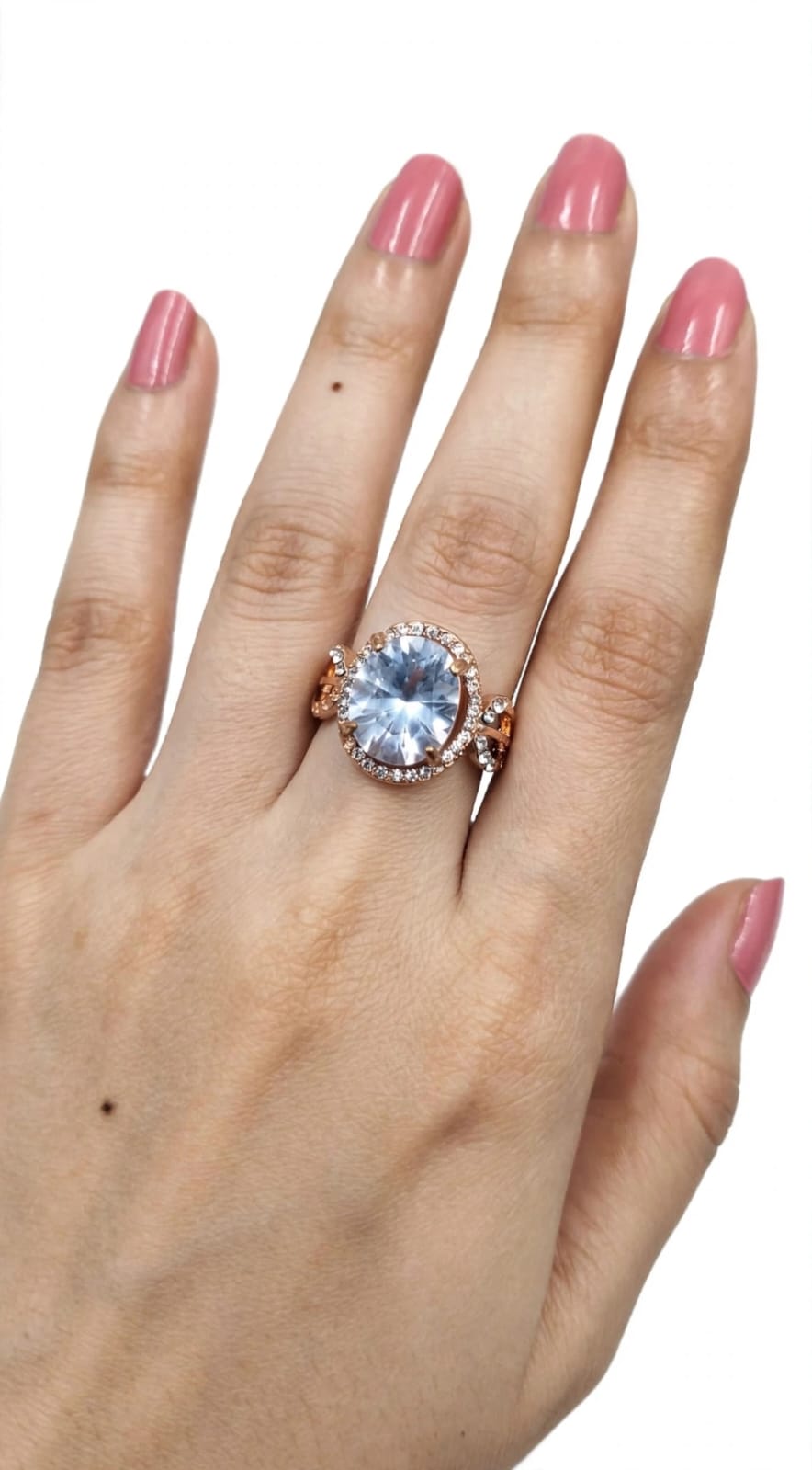 Round Diamond Halo Ring - Rose Gold Plated Adjustable Cocktail Ring with Big Stone | With 1 Year Guarantee MA STORE Diamond Ring - Rose Gold Ring - Adjustable Cocktail Ring for Women