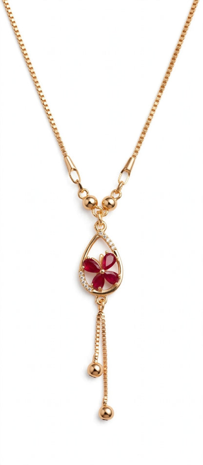 Red Flower Teardrop Pendant Necklace - 22K Gold Plated Box Chain with Ball Drops | With 1 Year Guarantee MA STORE Red Flower Necklace - Teardrop Pendant Chain - 22K Gold Plated Daily Wear