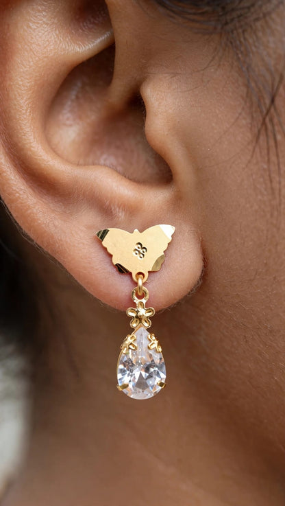 Combo of 2 - Clear White & Teal Green Teardrop Earrings - 22K Gold Plated Dangler Earrings - Butterfly Top Daily Wear Earrings