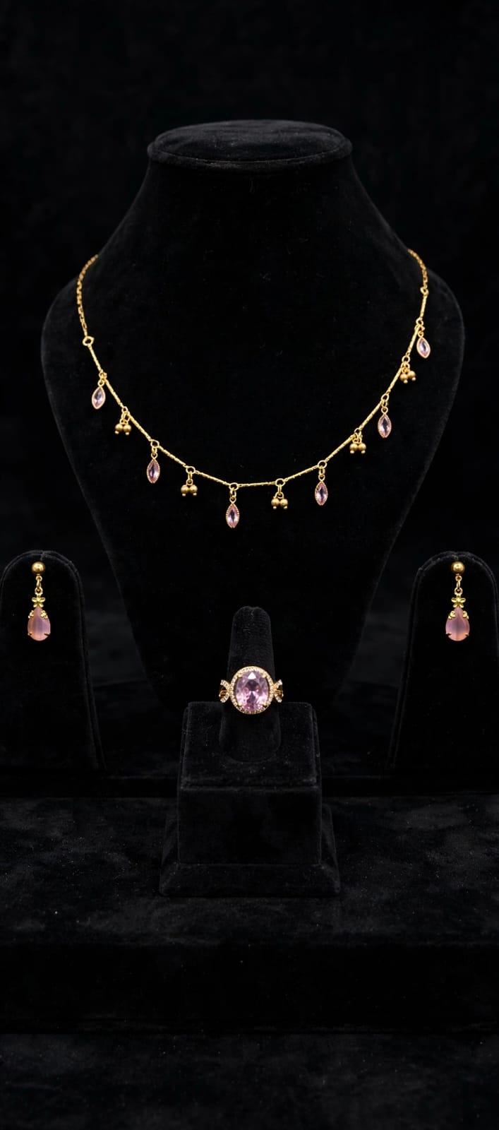 Pink Drop Necklace Combo Set - 22K Gold Plated Necklace with Earrings & Ring - 3 in 1 Jewelry Combo Set for Women | Party Wear