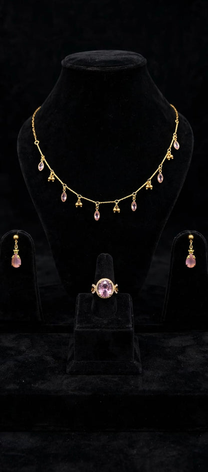 Pink Drop Necklace Combo Set - 22K Gold Plated Necklace with Earrings & Ring - 3 in 1 Jewelry Combo Set for Women | Party Wear