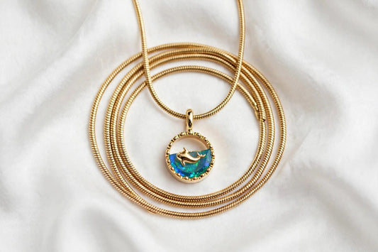 Dolphin Ocean Pendant Necklace - 22K Gold Plated Blue Crystal Chain for Girls | With 1 Year Guarantee MA STORE Dolphin Necklace - Ocean Blue Pendant Chain - 22K Gold Plated Minimal Necklace