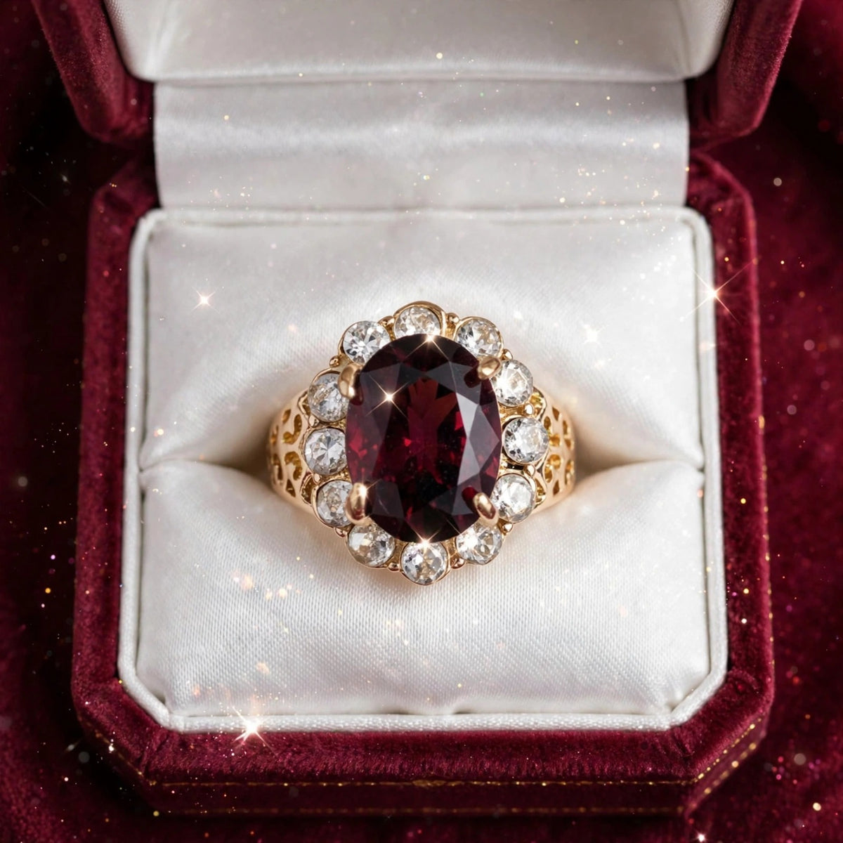 Wine Red Stone Ring - 22K Gold Plated Oval Cocktail Ring with White Halo & Jali Work | With 1 Year Guarantee MA STORE Red Stone Ring - Garnet Wine Ring - 22K Gold Plated Maharani Cocktail Ring