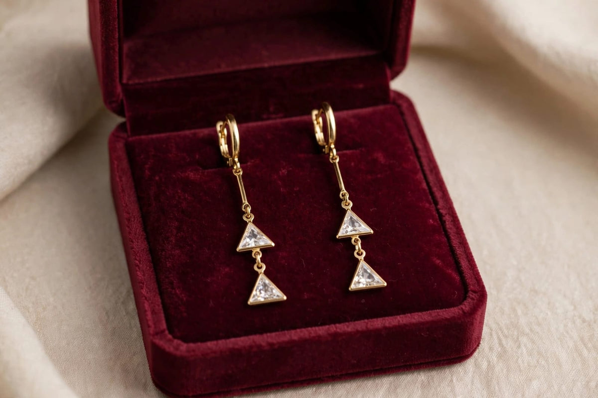Diamond Triangle Double Drop Earrings - 22K Gold Plated Triangle Dangler | With 1 Year Guarantee MA STORE Triangle Diamond Earrings - White Stone Double Dangler Earrings - 22K Gold Plated