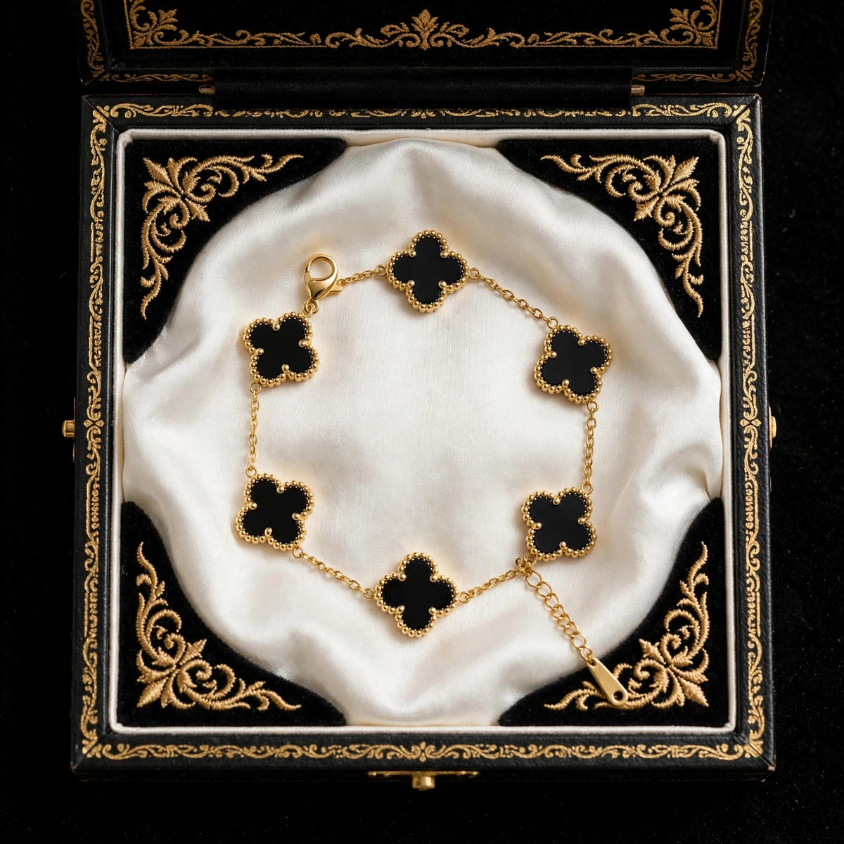 Black Clover Bracelet for Women - 5 Motif Van Flower Bracelet - 22K Gold Plated Black Four Leaf Clover Bracelet | Premium Quality | With 1 Year Guarantee MA STORE Black Clover Bracelet - 5 Flower Bracelet - Four Leaf Bracelet for Women - Anti Tarnish