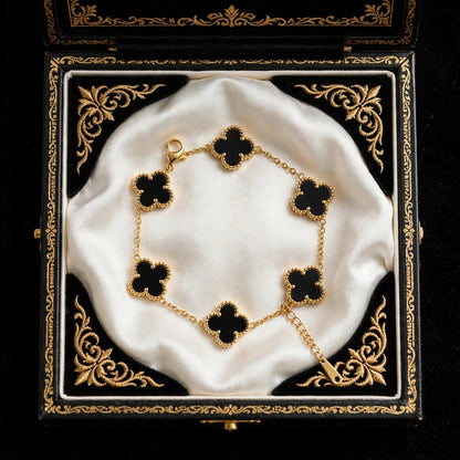Black Clover Bracelet for Women - 5 Motif Van Flower Bracelet - 22K Gold Plated Black Four Leaf Clover Bracelet | Premium Quality | With 1 Year Guarantee MA STORE Black Clover Bracelet - 5 Flower Bracelet - Four Leaf Bracelet for Women - Anti Tarnish