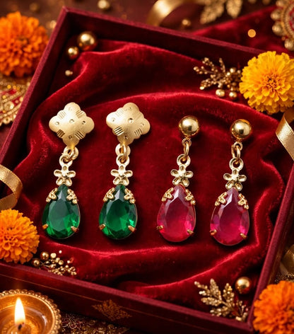 Emerald Green & Ruby Pink Teardrop Earrings - 22K Gold Plated Dangler Earrings for Women - Small Daily Wear Earrings