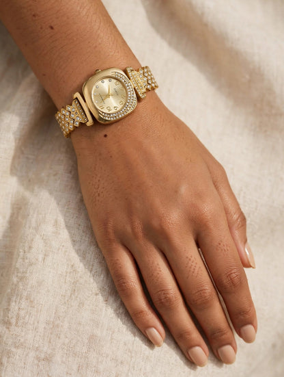 Gold Full Diamond Chain Watch for Women - Square Cushion Dial Bracelet Watch with AD Studded Chain | Party Wear Quartz Watch | With 1 Year Guarantee