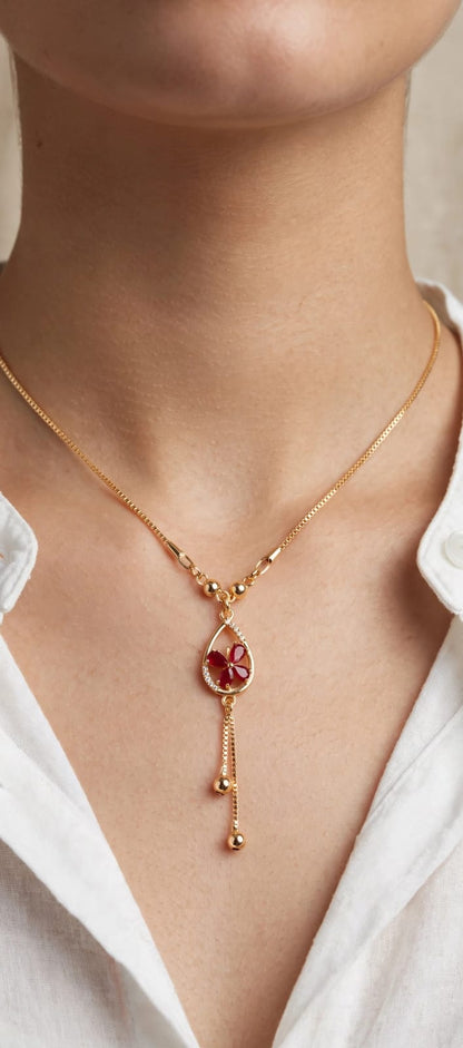 Red Flower Teardrop Pendant Necklace - 22K Gold Plated Box Chain with Ball Drops | With 1 Year Guarantee MA STORE Red Flower Necklace - Teardrop Pendant Chain - 22K Gold Plated Daily Wear