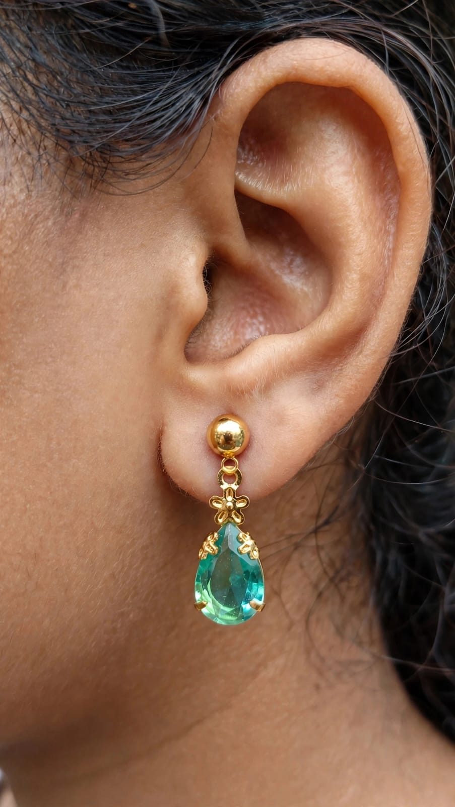 Combo of 2 - Clear White & Teal Green Teardrop Earrings - 22K Gold Plated Dangler Earrings - Butterfly Top Daily Wear Earrings