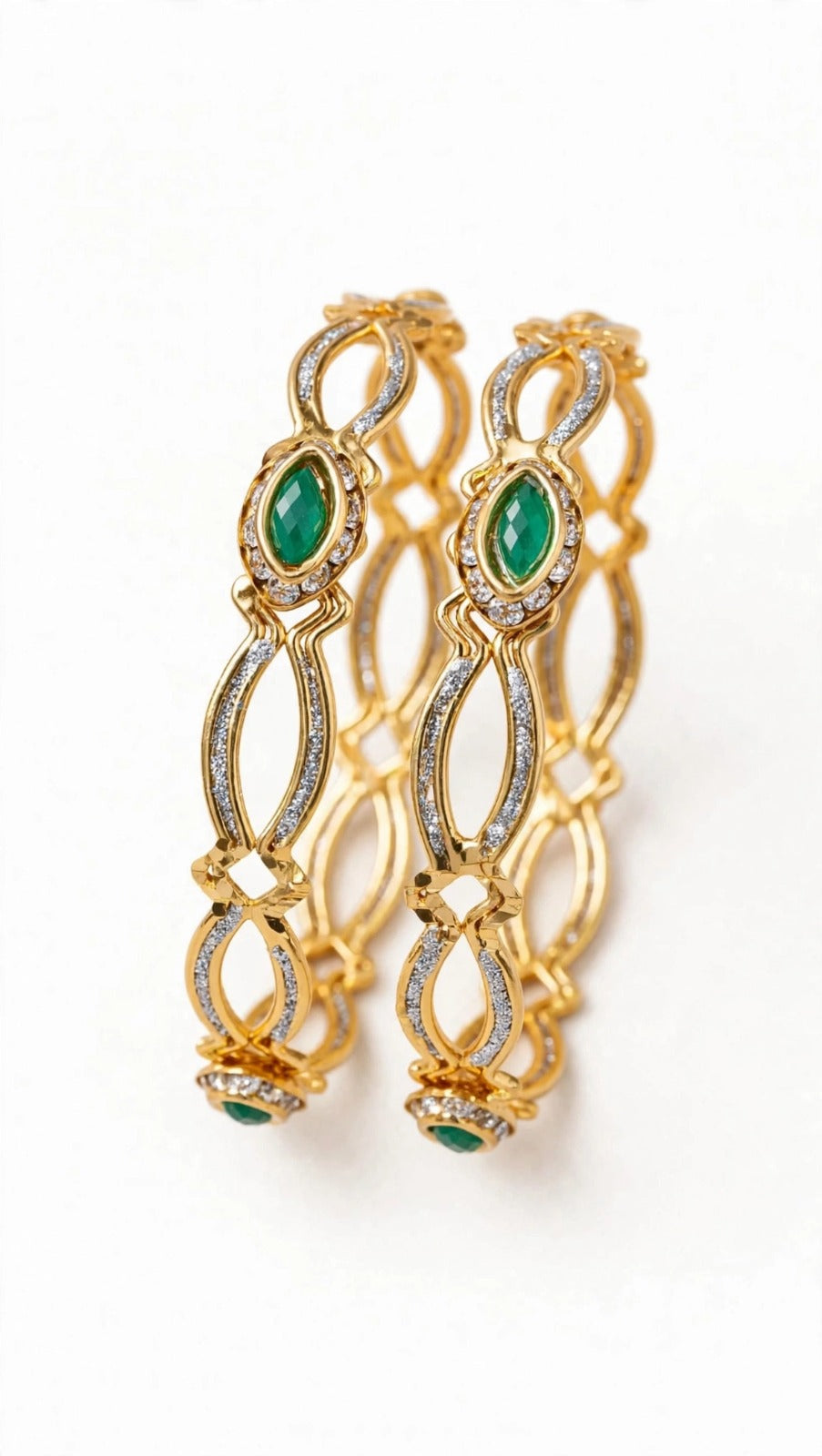 Green Stone Kada Set - Pair of 2 Bangles for Women - Emerald American Diamond Bangles 22K Gold Plated MA STORE Green Stone Kada Set - Pair of 2 Bangles for Women - Emerald American Diamond Bangles 22K Gold Plated