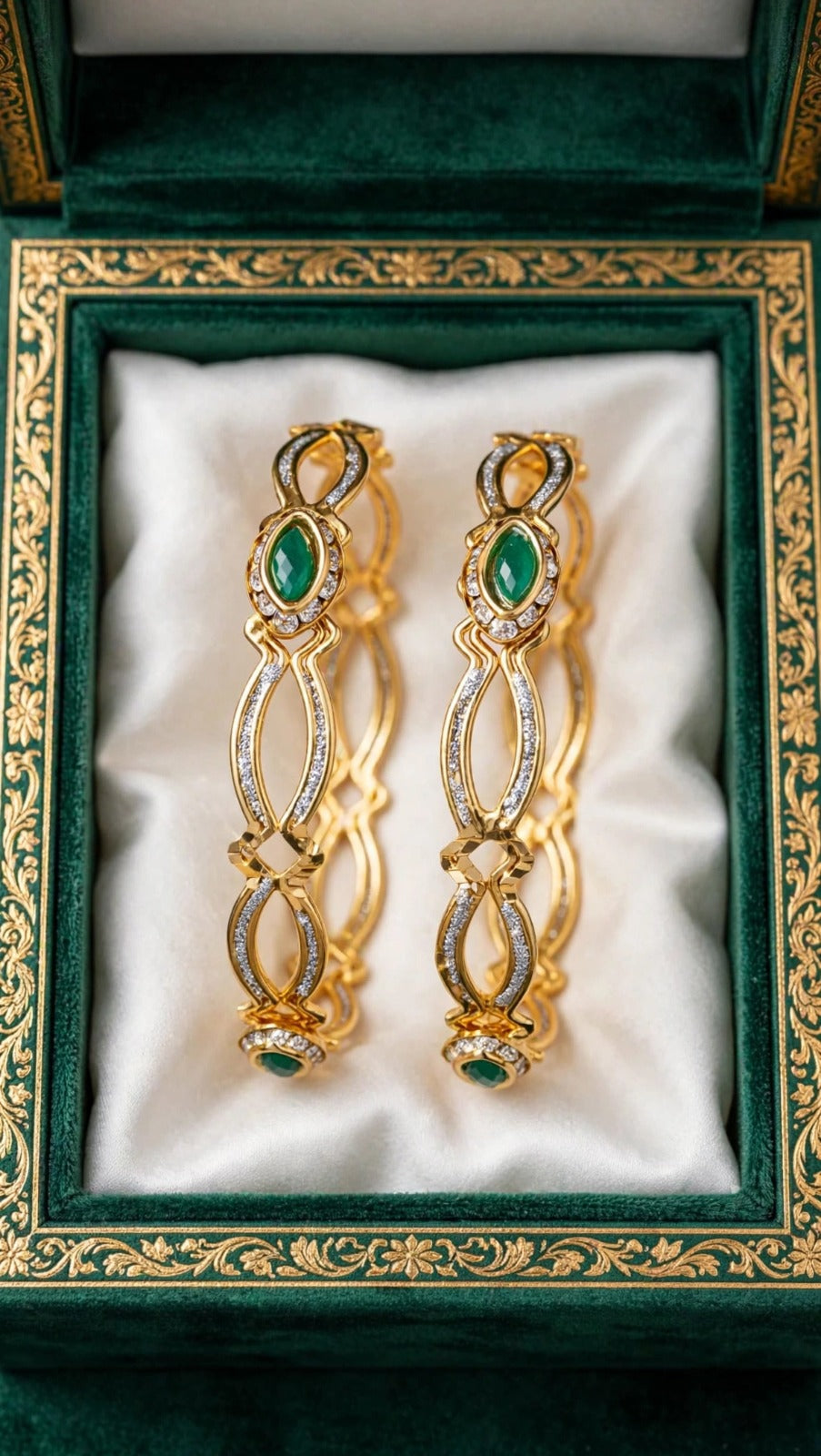 Green Stone Kada Set - Pair of 2 Bangles for Women - Emerald American Diamond Bangles 22K Gold Plated MA STORE Green Stone Kada Set - Pair of 2 Bangles for Women - Emerald American Diamond Bangles 22K Gold Plated