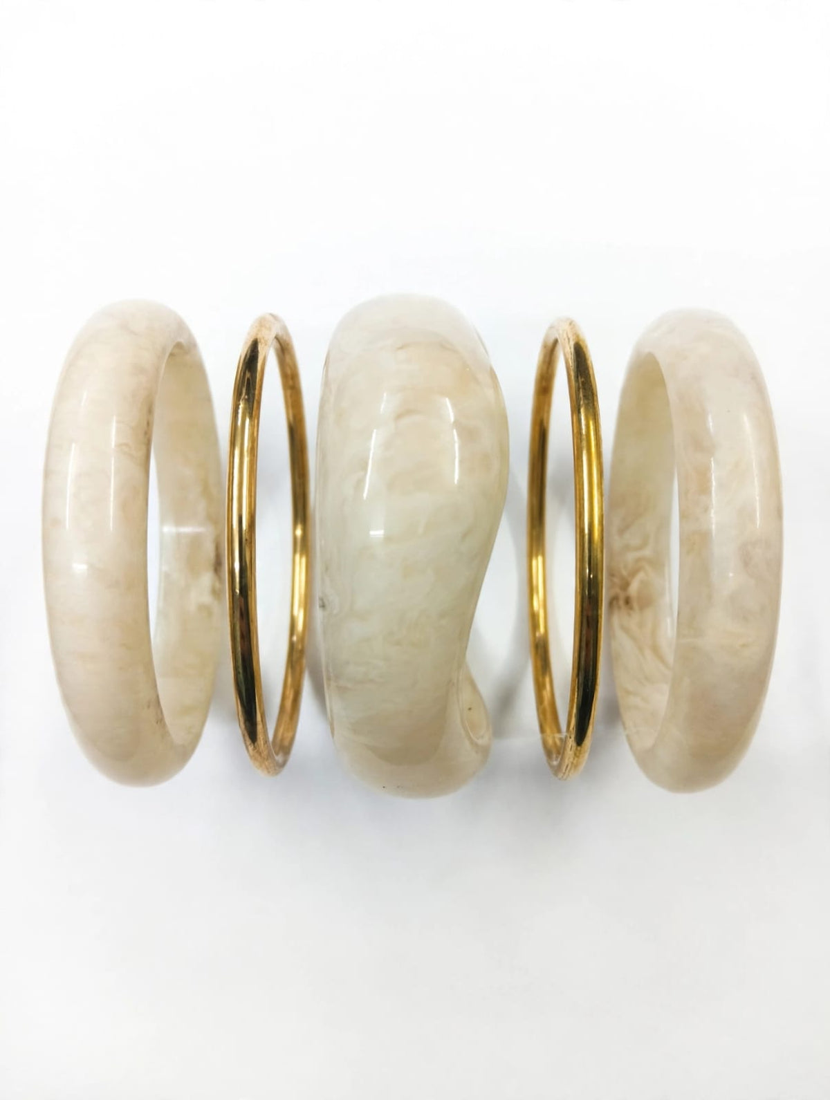Cream Marble Acrylic Bangle Stack - Set of 5 Bangles | Ivory White Chunky Bangles | 22K Gold Plated With 1 Year Guarantee MA STORE Off-White Acrylic Bangle Set for Women - Set of 5 - Ivory Resin Bangles with Gold Bangles