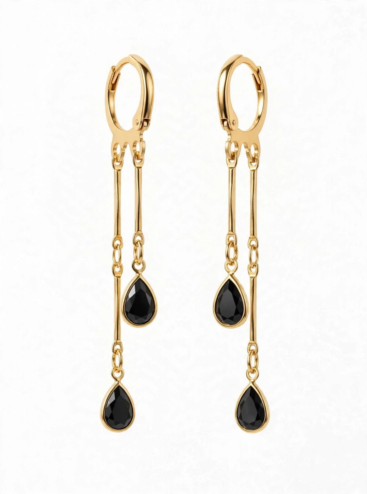 Midnight Black Double Drop Earrings - 22K Gold Plated Korean Dangler Earrings | With 1 Year Guarantee MA STORE Black Stone Drop Earrings - Long Chain Dangler Earrings for Women - 22K Gold Plated
