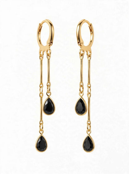Midnight Black Double Drop Earrings - 22K Gold Plated Korean Dangler Earrings | With 1 Year Guarantee MA STORE Black Stone Drop Earrings - Long Chain Dangler Earrings for Women - 22K Gold Plated