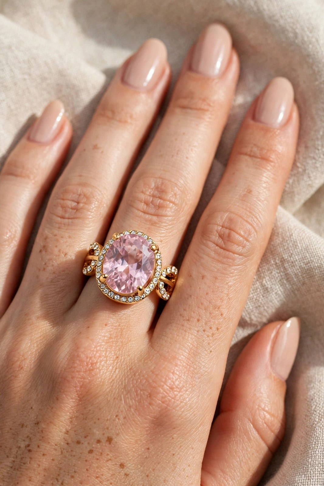 Baby Pink Oval Ring - 22K Gold Plated Morganite Look Cocktail Ring with White Diamond Halo | With 1 Year Guarantee